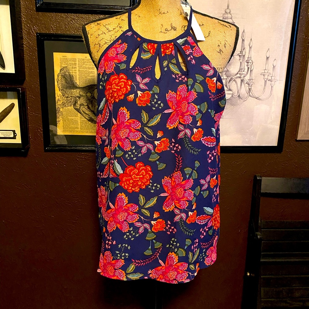 NWT Papermoon Walita navy floral tank top size M front & back keyhole details